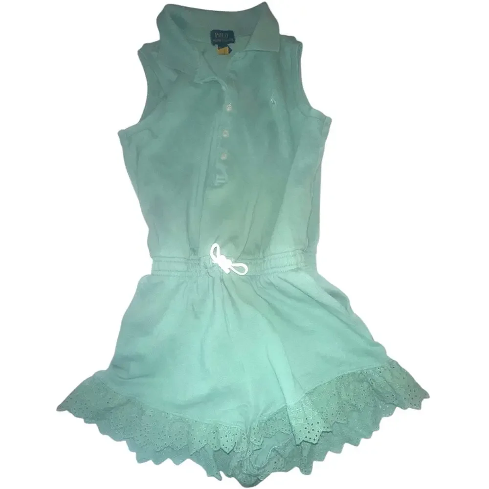 Polo Ralph Lauren Girls M 8-10 Mint Green Eyelet Ruffle Polo Romper